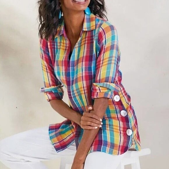 Soft Surroundings Gauzy Plaid Rainbow Oversized Button Down Shirt Petite Small - Picture 1 of 9